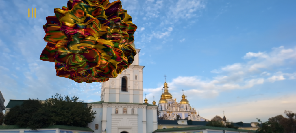 Абстрактна віртуальна скульптура Springs of Love на фоні Михайлівського собору у Києві.