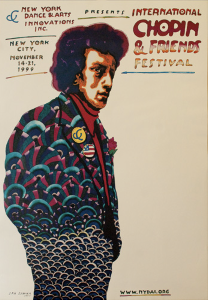 Vertical Chopin festival poster with Chopin standing