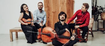 Na obrázku jsou čtyři mladí hudebníci - členové kvarteta, mají u sebe své hudební nástroje: housle, violu či violoncello.