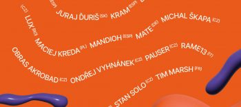 grafický vizuál akce v oranžové a fialové barvě
