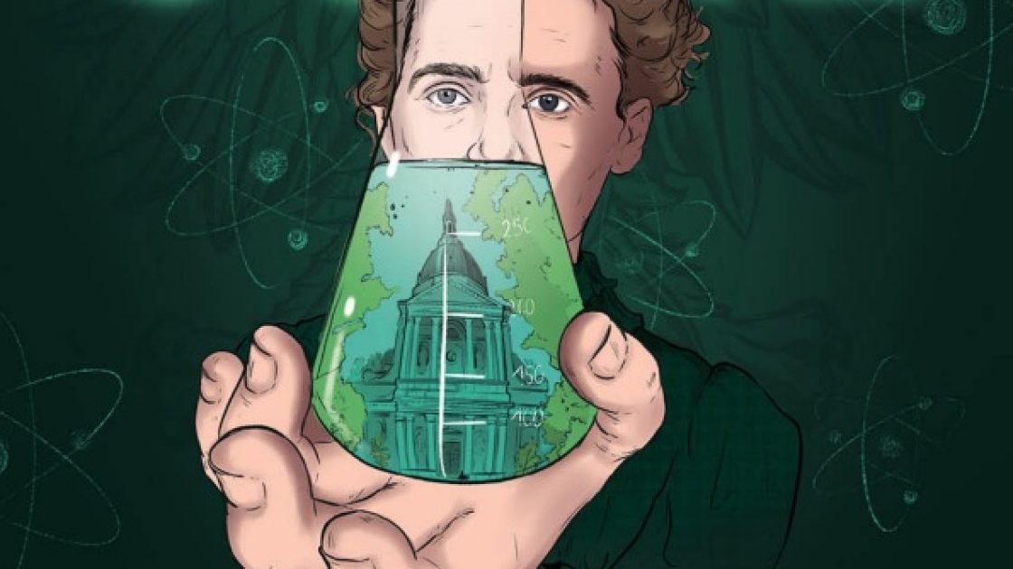 Obálka knihy - komiksu Marie Curie Skłodowská - je na ní mimo jiné portrét vědkyně, která drží v ruce baňku se zelenou tekutinou. Na pozadí nápisu je polský orel ze státního znaku.